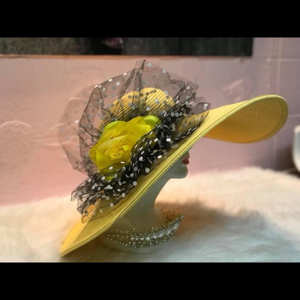 Yellow with black polka dots hat